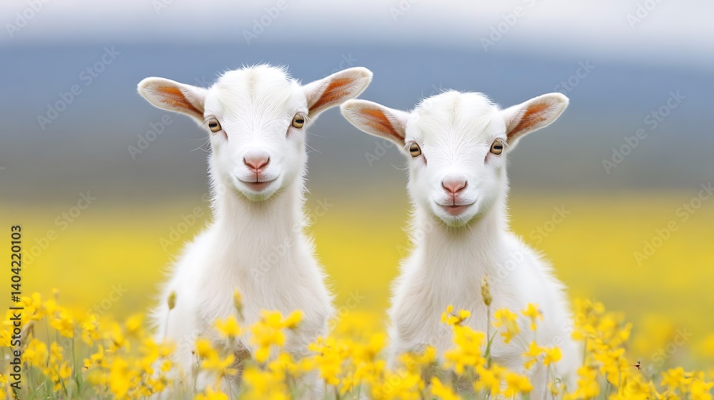 Obraz premium Two White Baby Goats in a Yellow Flower Field