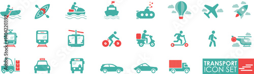 Transport icons set in solid style, containing vehicle, car, boat, airplane, bicycle, bus, train, truck, subway, and more