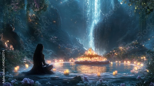 Solitude in a mystic sanctuary bathed in candle light with shimmering waterfall