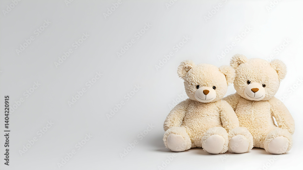 Two Beige Teddy Bears Sitting Side By Side On White Background