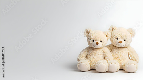 Obraz na płótnie Two Beige Teddy Bears Sitting Side By Side On White Background w salonie
