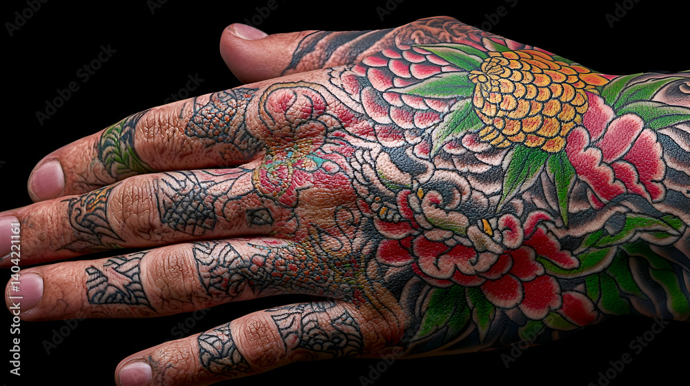 Closeup Colorful Hand Tattoo with Japanese Floral Motifs