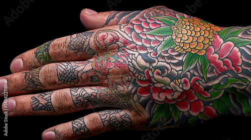 Obraz na płótnie Closeup Colorful Hand Tattoo with Japanese Floral Motifs w salonie