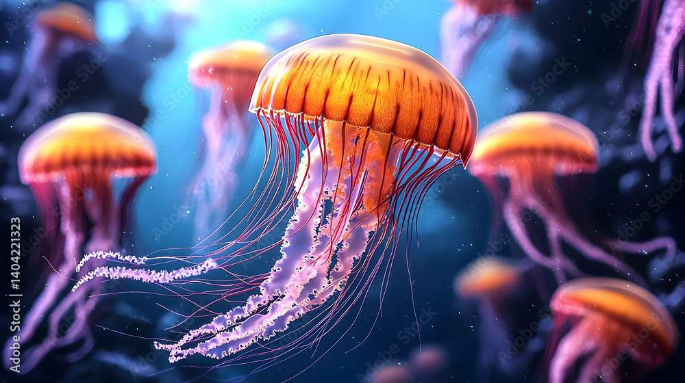 Group Of Glowing Orange And Pink Jellyfish In Underwater Scene