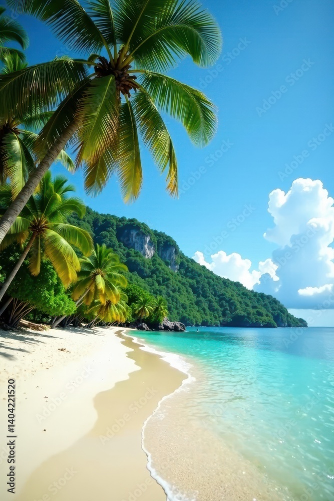 Obraz premium Serene West Sumatra beach; swaying palm trees, turquoise water, exotic, scenic