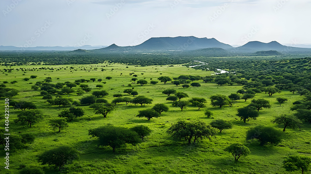 Panoramic View Of Lush Green Savannah Landscape With Hills