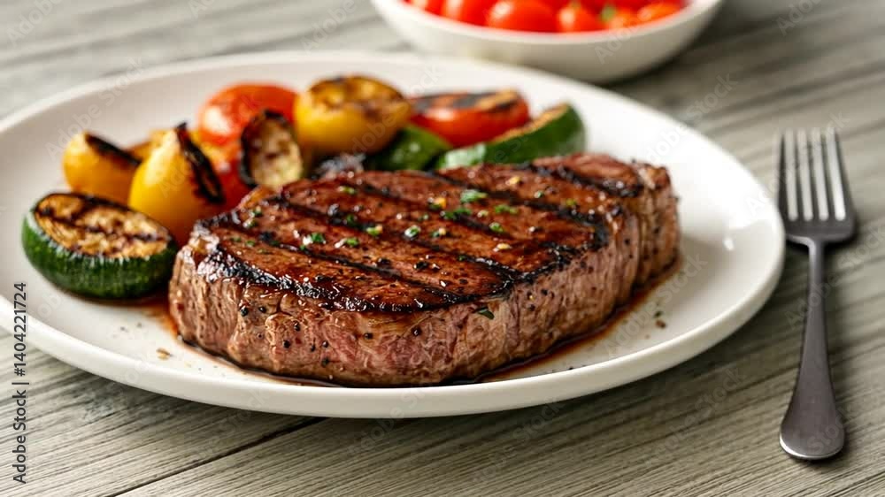 Perfectly grilled steak served with vibrant vegetables on a white plate, creating an inviting and tasty meal Perfectly grilled steak served with vibrant vegetables on a white plate, creating an inviting and tasty meal