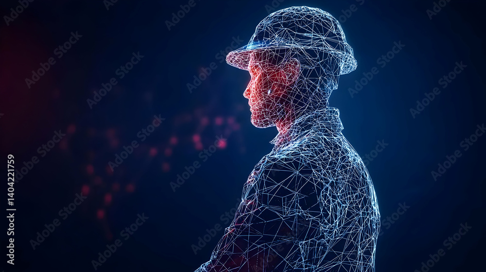 Digital Silhouette Of Soldier Profile Against Blue And Red Particle Background
