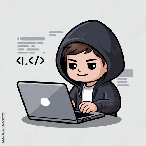 Illustration of      a cute chibi hacker in a hoodie