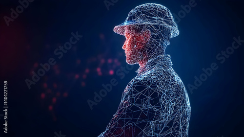 Obraz na płótnie Digital Silhouette Of Soldier Profile Against Blue And Red Particle Background w salonie