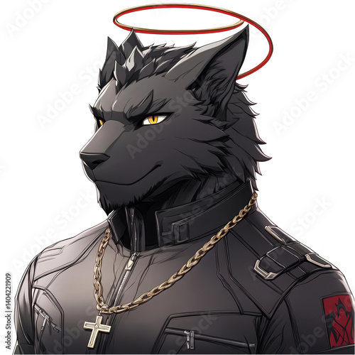 Digital Portrait of a Wolf Character with Halo and Gold Necklace on Transparent Background