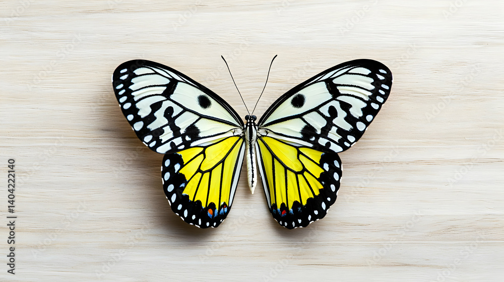 Detailed Top View Of A Butterfly With Black And White Wings And Yellow Accents On Textured Wood Surface
