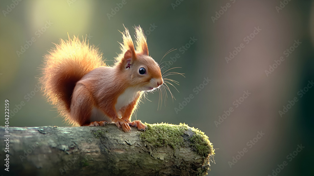Red Squirrel on Mossy Log in Sunlight