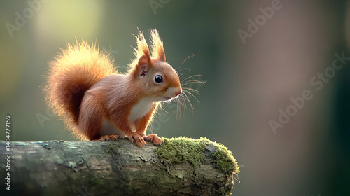 Obraz na płótnie Red Squirrel on Mossy Log in Sunlight w salonie