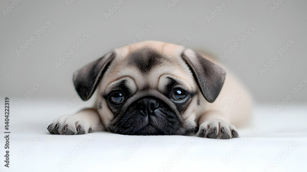 Adorable Pug Puppy Lying On White Background