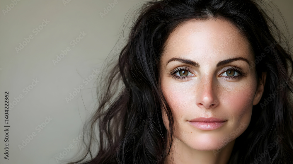 Close Up Portrait Of Woman With Wavy Dark Hair And Freckles