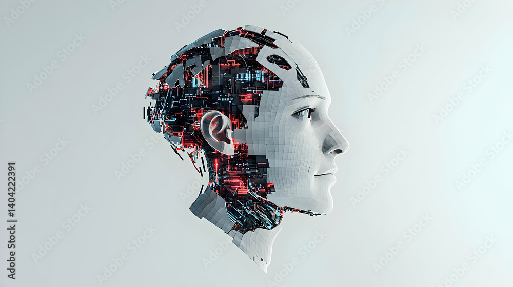 Digital Human Head Profile with Pixelated Surface and Internal Circuitry over White Background