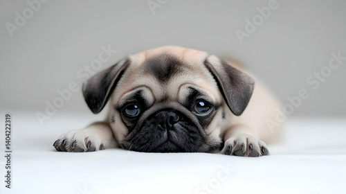 Obraz na płótnie Adorable Pug Puppy Lying On White Background w salonie