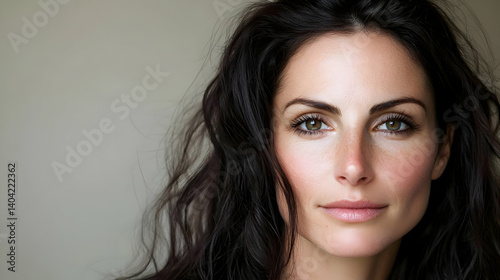Obraz na płótnie Close Up Portrait Of Woman With Wavy Dark Hair And Freckles w salonie