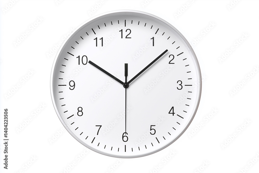 Time displayed on a simple wall clock showing ten o'clock and two minutes in a minimalistic design Time displayed on a simple wall clock showing ten o'clock and two minutes in a minimalistic design