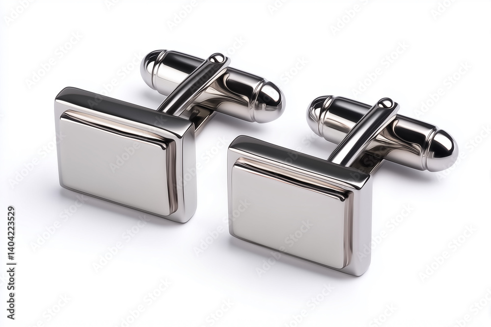 Stylish silver cufflinks displayed against a white background for a sophisticated accessory choice Stylish silver cufflinks displayed against a white background for a sophisticated accessory choice