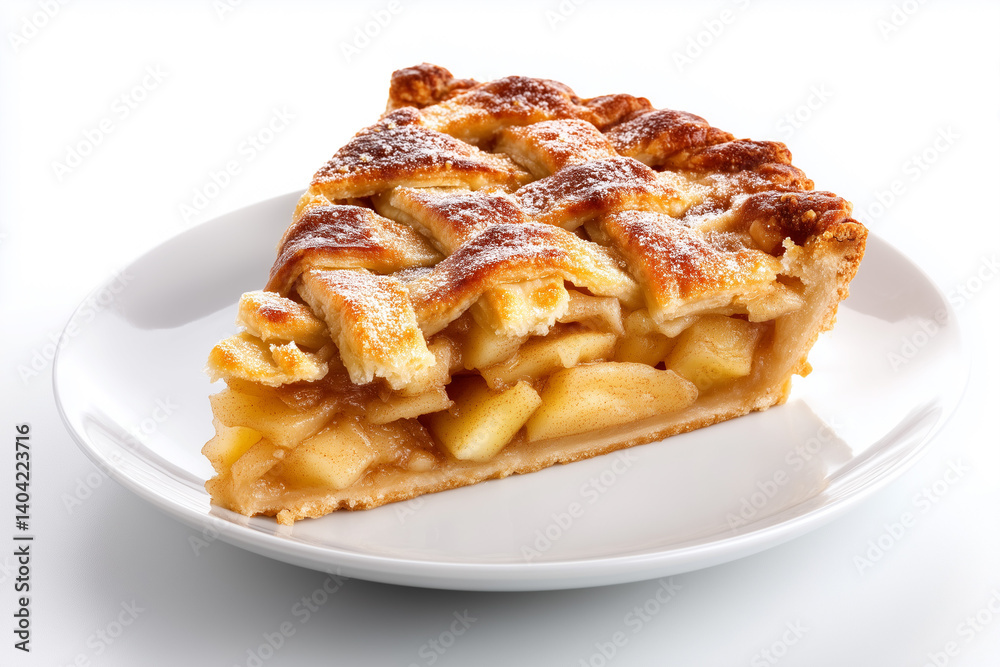 Delicious slice of homemade apple pie resting on a white plate in a bright kitchen setting Delicious slice of homemade apple pie resting on a white plate in a bright kitchen setting
