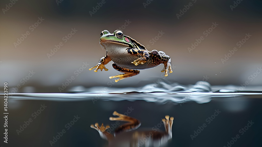 Green Frog Leaping Over Water With Reflection