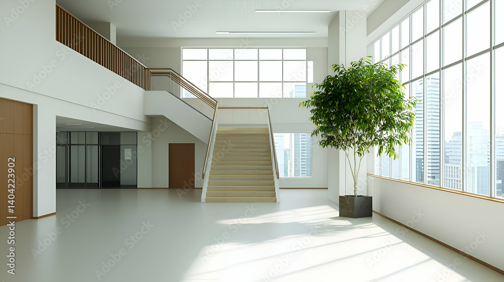 Modern Office Interior with Wooden Staircase and Greenery