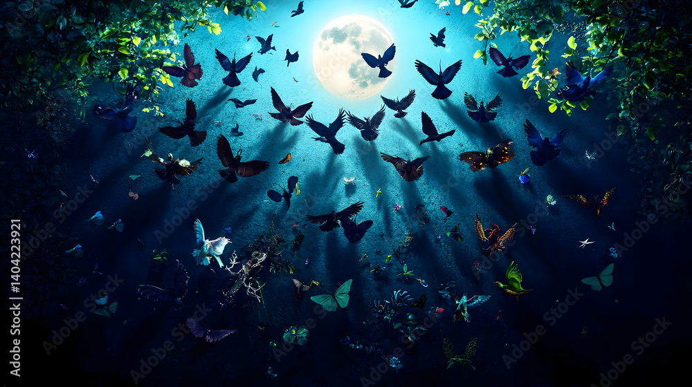 Pixelated Butterflies Flying Under Full Moon in a Dark Forest with Glowing Light and Branches Overhead