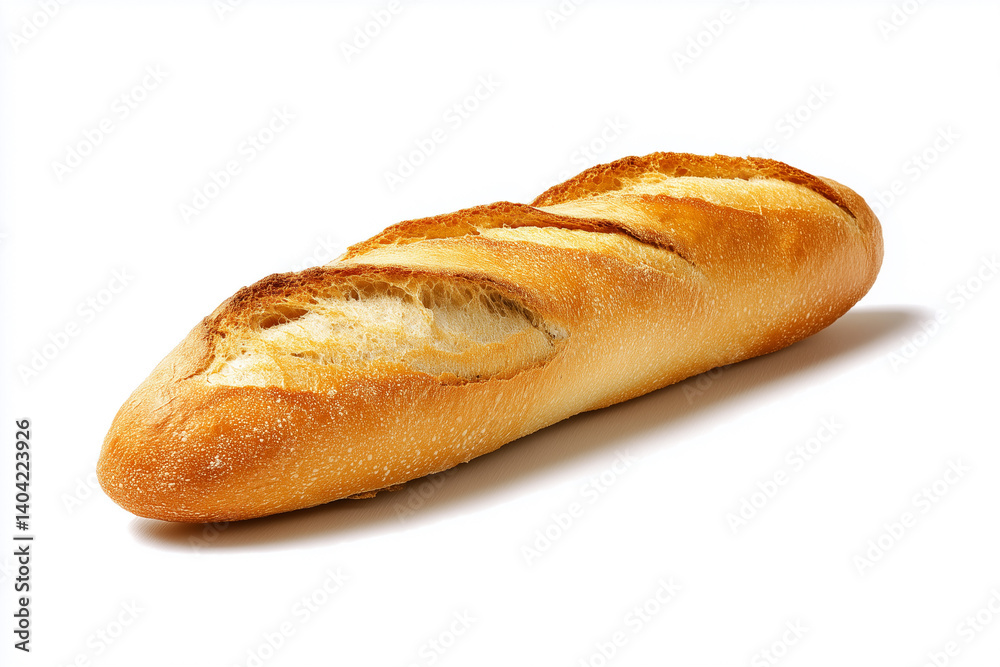 Freshly baked baguette showcasing a golden crust and soft interior on a clean background Freshly baked baguette showcasing a golden crust and soft interior on a clean background