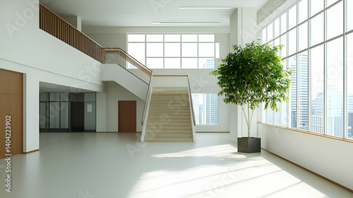 Obraz na płótnie Modern Office Interior with Wooden Staircase and Greenery w salonie