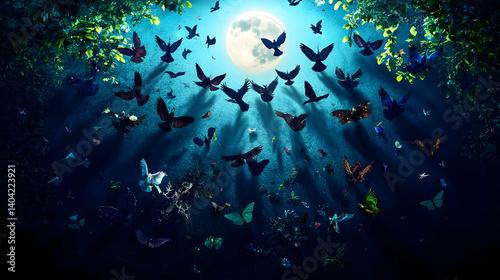 Obraz na płótnie Pixelated Butterflies Flying Under Full Moon in a Dark Forest with Glowing Light and Branches Overhead w salonie
