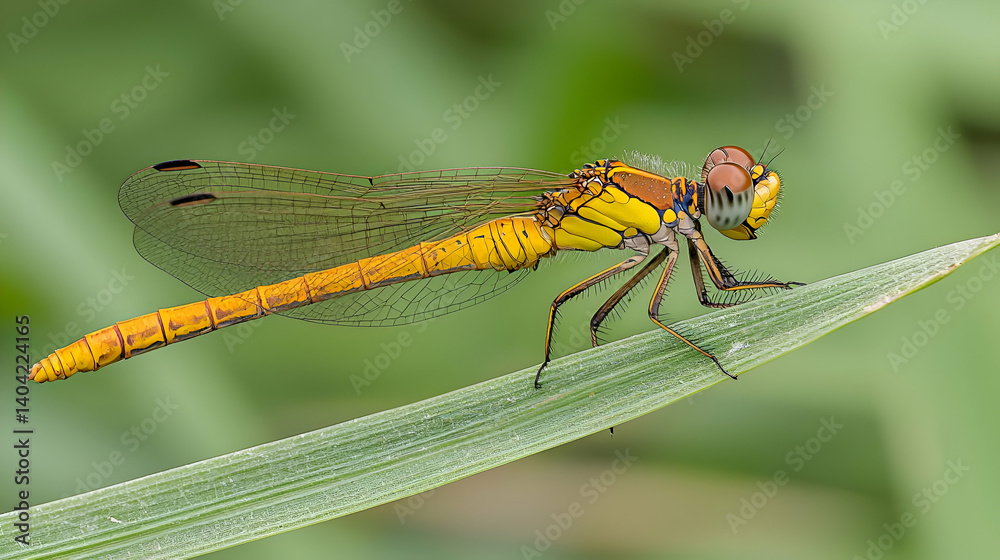 Orange Damselfly on Dewy Green Leaf Macro Photography
