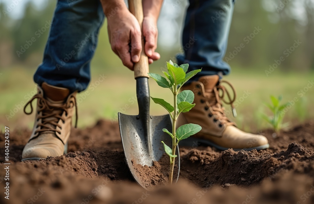 Fototapeta premium Man planting young tree in the ground. Using shovel, gardener hands dig earth, planting new green plant, care for the environment. Nature eco-friendly gardening, new life symbol.