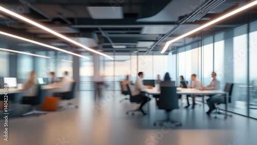 Abstract blurred interior modern office space with business people working banner background with copy space