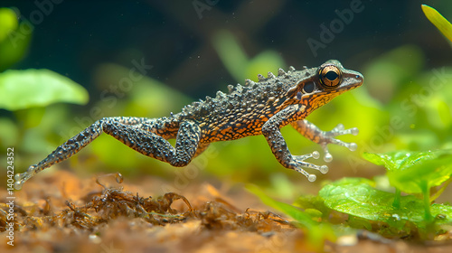 Obraz na płótnie Small Spotted Frog Leaping Among Lush Green Vegetation w salonie