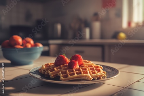 A plate of warm waffles topped with fresh strawberries sits on a kitchen counter. photo
