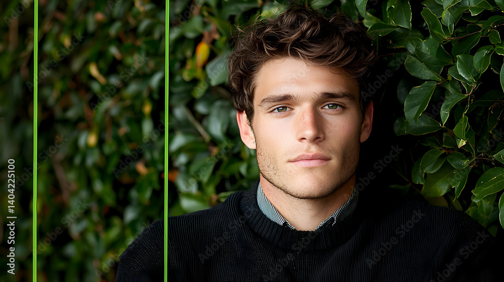 Portrait Of A Handsome Young Man With Brown Hair And Green Eyes Posing Outdoors Near Green Foliage
