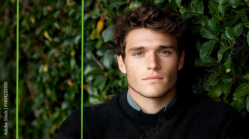 Obraz na płótnie Portrait Of A Handsome Young Man With Brown Hair And Green Eyes Posing Outdoors Near Green Foliage w salonie
