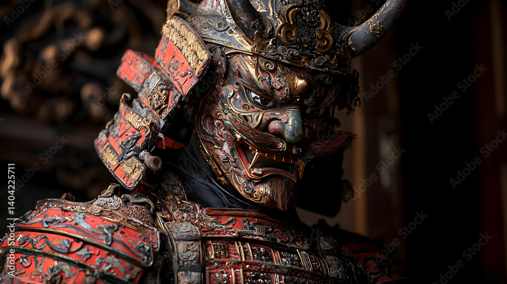 Ornate Samurai Armor Displayed With Detailed Red Gold and Bronze Elements in Low Key Lighting