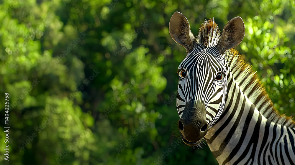 Zebra Portrait Against Lush Forest Background