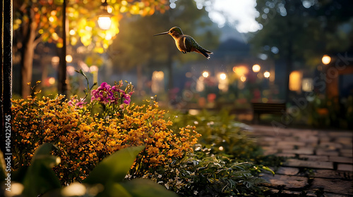Hummingbird in flight above yellow flowers and green leaves with soft focus and path in the background