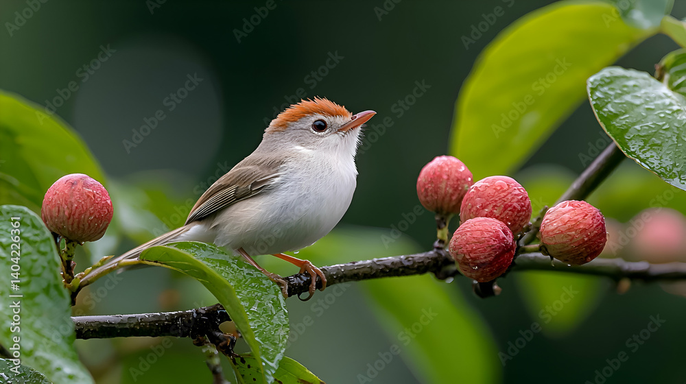 Small Red And White Bird Perched On Branch With Red Berries