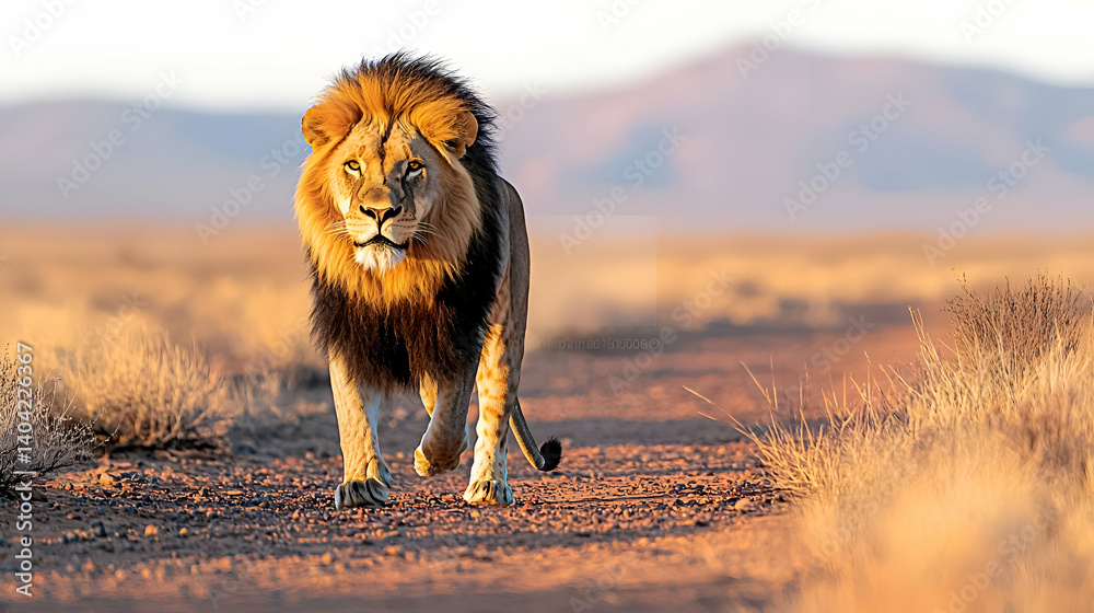Majestic Male Lion Walking in African Desert at Sunset