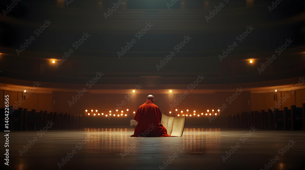 Person in Red Robe Sitting on Stage in Front of Candles in a Dark Auditorium