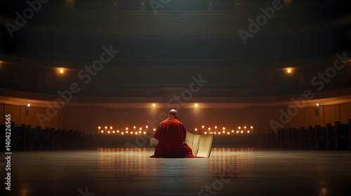 Obraz na płótnie Person in Red Robe Sitting on Stage in Front of Candles in a Dark Auditorium w salonie