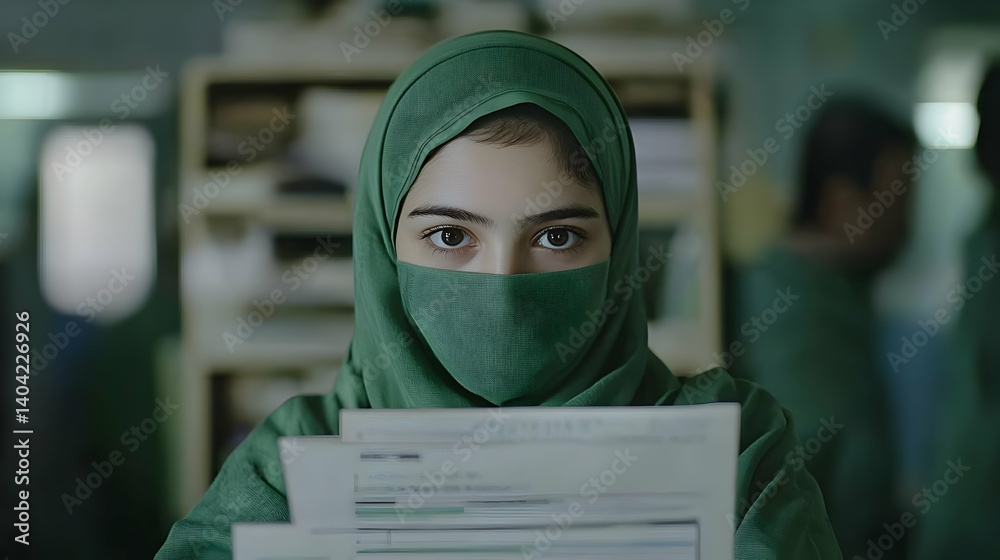 Focused Woman in Green Headscarf Reading Documents with Intense Eyes in Medical Setting