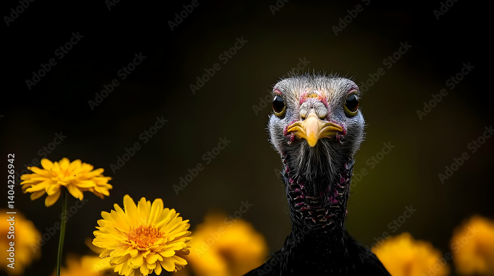 Turkey Portrait Amongst Yellow Flowers