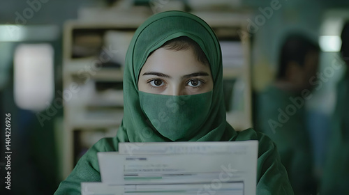 Obraz na płótnie Focused Woman in Green Headscarf Reading Documents with Intense Eyes in Medical Setting w salonie