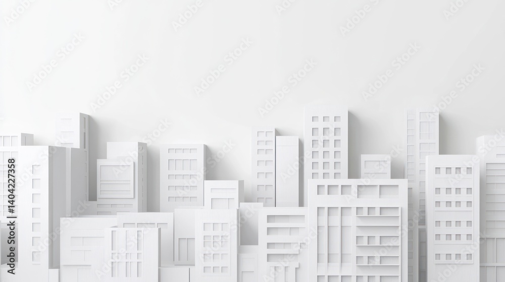 3D Model Cityscape, White Buildings, Minimalist Background, Design Element, Stock Photo